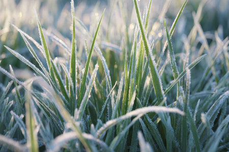 Frosty blades of green grass glisten in the soft morning light, creating a peaceful winter scene. The coolness of the air adds a quiet calm to the surroundings.の素材