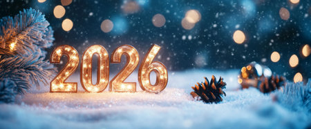 The scene captures sparkling numbers 2026 sitting on soft snow surrounded by pinecones. Soft snowfall and twinkling lights create a cheerful winter atmosphere.の素材