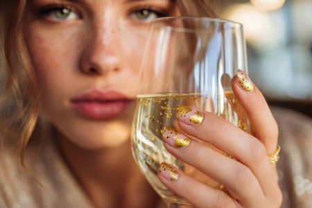 A young woman enjoys a sparkling drink in a bright and warm atmosphere. Her nails are elegantly decorated with golden glitter, adding to the luxurious feel of the moment.の素材