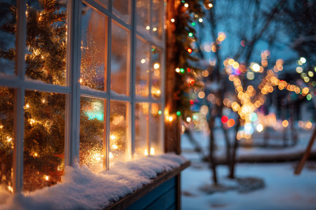 Snow covers the ground and windowsill, while warm lights illuminate the trees nearby, creating a cozy festive atmosphere in the evening hours.の素材