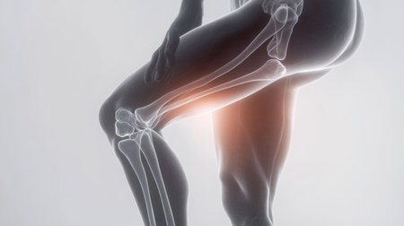A detailed view of the human knee joint displaying bones, cartilage, and ligaments, highlighting anatomical structures and their functionality during movement.の素材