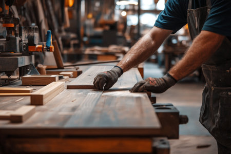 A skilled carpenter measures and marks a piece of wood on a workbench surrounded by various tools and timber in a workshop bustling with activityの素材