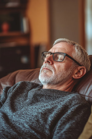 An older man with glasses sits comfortably on a sofa, eyes closed and expressing serenity in a softly lit living room, indicating a peaceful afternoon.の素材