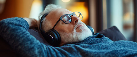 An older man with glasses and gray hair leans back calmly while listening to music on headphones, surrounded by a warm and inviting living room atmosphere.の素材