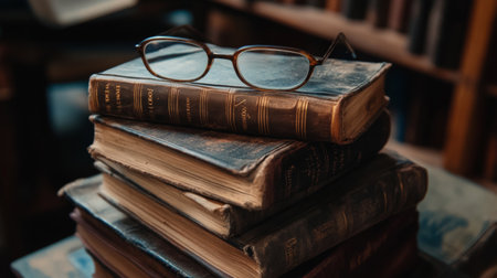 Old leather-bound books are stacked neatly with a pair of glasses on top, creating a warm and inviting atmosphere in a library filled with character.の素材