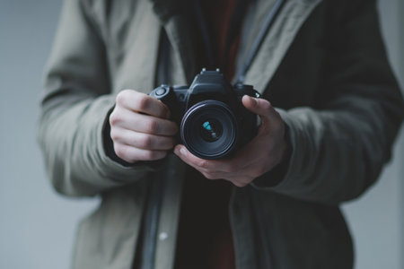A person stands indoors, clutching a camera with both hands, ready to capture an image. The muted lighting creates a contemplative atmosphere as they focus on their subject.の素材