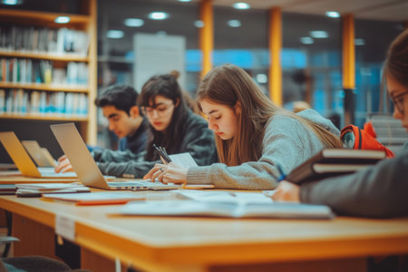 A group of students is deeply engaged in their studies at a library table during the evening. Each person is focused on their laptops and notebooks, studying intently.の素材