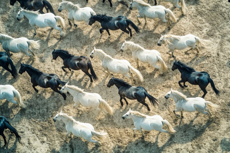 A group of horses runs energetically across a sandy terrain, displaying a lively mix of black and white coats, illuminated by the bright midday sun.の素材