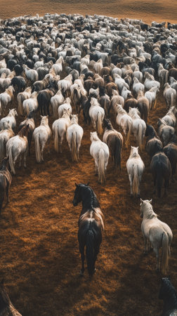 A diverse group of horses grazes peacefully in a sprawling pasture during sunset, with a mix of black, white, and brown coats creating a striking visual.の素材