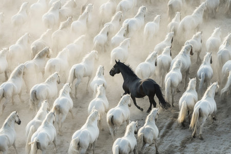 A striking black horse runs through a large group of white horses, creating a beautiful contrast in the golden light as dust swirls around them.の素材