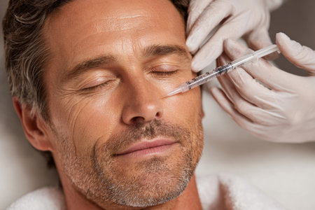 A man who is 50 years old is getting a cosmetic facial treatment at a luxury clinic. He has his eyes closed while a professional applies skin care techniques.の素材