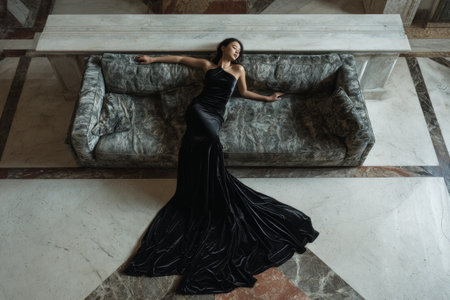 A model is lying backward on a sofa. She wears a black velvet dress with a long tail. The setting features a marble hall with elegant design elements.の素材