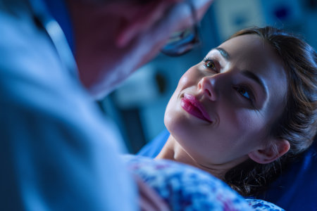 An Italian doctor works closely with a pregnant woman in a hospital. The doctor examines the womans belly while they share a moment of connection.の素材