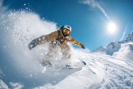 A snowboarder carves through fresh powder snow against an alpine backdrop. Snow explodes around the board, captured in bright light. The scene shows a dynamic winter action moment.の素材