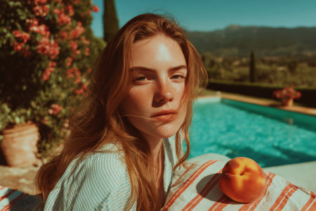 A young woman sits on a lounger by a turquoise pool on a warm summer afternoon. She wears a light outfit and has a peach beside her on a towel. The scene shows sunshine and nature.の素材
