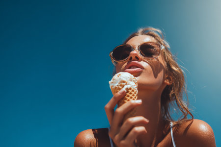 A girl holds an ice cream cone near her mouth as it melts in the summer heat. Her head tilts back slightly, showing her sunglasses sliding down her nose.の素材