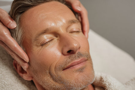 A man with closed eyes enjoys a cosmetic facial treatment at a modern clinic. His skin is pampered with anti-aging care by a skilled professional in a luxury setting.の素材