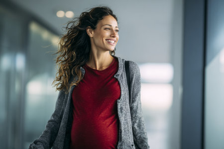 A pregnant woman walks through a hospital, smiling and enjoying the moment. Natural light highlights her features, creating a lively and cheerful scene in a modern setting.の素材