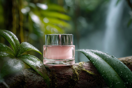 A round jar filled with soft pink gel rests on a wet tropical tree branch. Large green leaves surround it as mist rises from a blurred waterfall in the background.の素材