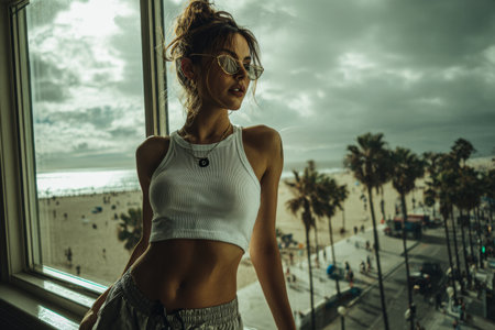 A woman in a white cropped tank top and baggy jeans leans against a windowsill. A panoramic view of a beach boulevard and palm trees fills the scene. Loose hair frames her face.の素材