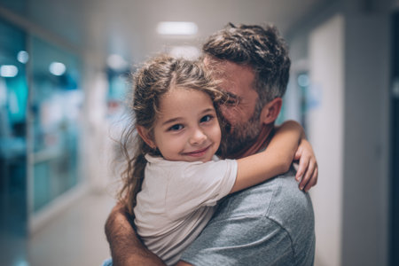A family shares a joyful moment in a hospital hallway. A father hugs his five year old daughter while they share laughter and smiles in a bright setting.の素材