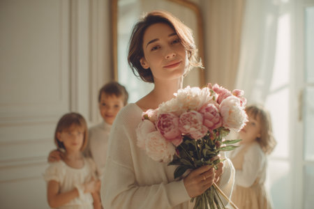 Mother stands in a white room holding a bouquet of peonies. Children are playing in the background. Natural light fills the space, creating a warm atmosphere.の素材