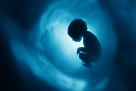 A small baby can be seen in the womb with an umbilical cord. The background has a blue glow that creates a contrast with the shadowy figure. The scene shows depth and movement.の素材