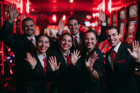 Casino staff members smile and wave to the camera while dressed in black suits with red ties. The bright ambiance features many slot machines and red lights.の素材
