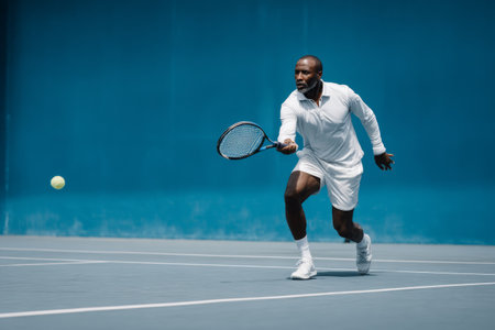 A male model in a white tennis outfit runs towards a tennis ball on a modern court. He shows athletic skills while playing. The scene captures the action in full view.の素材