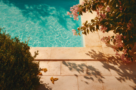 Stone tiles catch warm sunlight beside a turquoise pool. Nearby plants provide shadows and a few petals fall to the ground, creating natural details in the garden setup.の素材