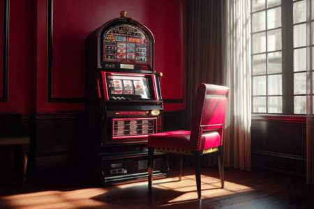 A digital machine stands in a red and black casino room, illuminated by sunlight streaming through a window. Shadows play across the floor, enhancing the luxurious feel.の素材