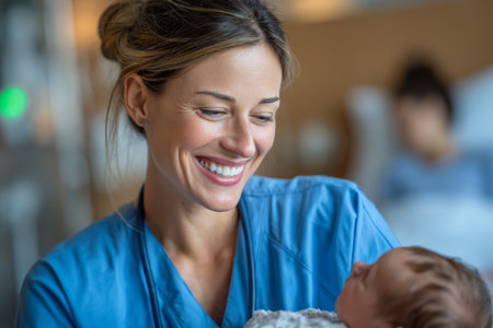 A doctor smiles while checking a newborn baby held by the mother in a hospital. The background shows other patients and medical equipment. This scene captures a joyful moment in healthcare.の素材