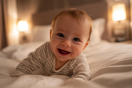 A baby is smiling at the camera while lying on the bed inside a luxury apartment. The room is bright with lamps lit and soft bedding around the baby.の素材