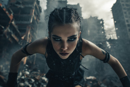A strikingly beautiful woman showcases strength and agility in dark clothing within a ruined city. The setting reveals decaying structures and a gloomy sky, creating a mysterious scene.の素材