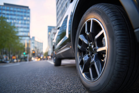 A black car tire with a metal rim sits on a city road. Buildings rise in the background under bright daylight. The scene shows urban life and motion in a busy area.の素材