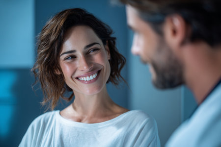 A pregnant woman talks joyfully with her doctor while an Italian male model looks on. They are in a modern hospital with bright natural light highlighting their expressions and surroundings.の素材
