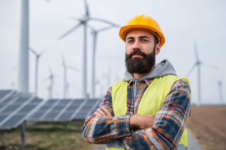 Engineer observes solar panels and wind turbines in a renewable energy field during daylight hours. The scene showcases a focus on sustainability and clean energy solutions.の素材