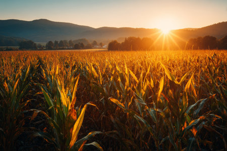 A corn field filled with golden maize stretches across a mountain valley at sunrise. Sunlight shines on the crops as the day begins, creating a bright landscape.の素材