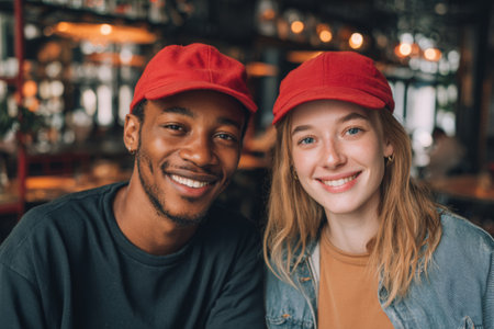 A couple enjoys their time together in a lively restaurant. They wear matching red caps and casual clothing, both smiling brightly during golden hour.の素材