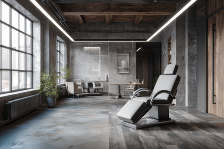 A modern beauty clinic showcases a blend of steel, wood, and concrete materials. Natural light enhances the space with a focus on cleanliness and style.の素材