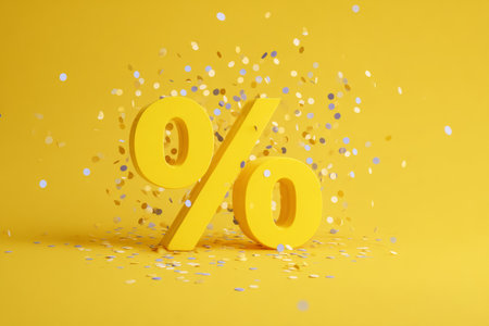 A large yellow percentage symbol stands out against a bright yellow backdrop, surrounded by colorful confetti, creating a festive vibe perfect for sales or promotions.の素材