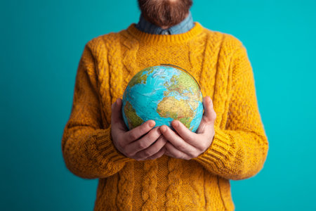 A person wearing a yellow sweater stands against a bright blue background, holding a globe in both hands. This scene represents global awareness and the importance of the Earth.の素材