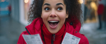 A joyful young woman in a red jacket holds two shopping receipts in her hands. She smiles brightly while standing outdoors amidst a lively winter atmosphere.の素材