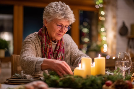 A senior woman prepares a warm and inviting dinner table decorated with candles and greenery in her home. Soft lighting creates a festive atmosphere on a winter evening.の素材