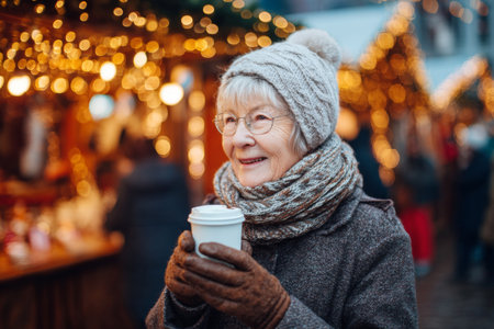 An elderly woman stands happily at a lively winter market, holding a warm drink. She is smiling while surrounded by twinkling lights and joyful visitors, creating a festive atmosphere.の素材