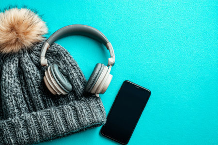 A cozy knitted hat with a pom-pom sits next to soft headphones and a smartphone on a vibrant blue surface, ready for a relaxing winter day.の素材