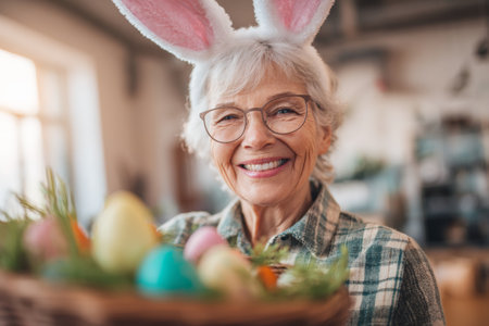 A joyful senior woman wears bunny ears and glasses, holding a basket filled with bright Easter eggs and greenery. She enjoys the festive atmosphere of spring.の素材