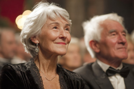 An elderly couple sits together at a cultural event, smiling with delight. The woman wears elegant earrings and a dark dress, while the man sports formal attire. The atmosphere is warm and inviting.の素材