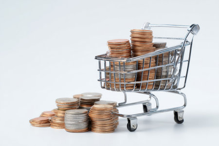 A shopping cart is filled with neatly stacked coins, creating a visual representation of savings and financial planning. The clean background enhances the focus on the coins and cart.の素材
