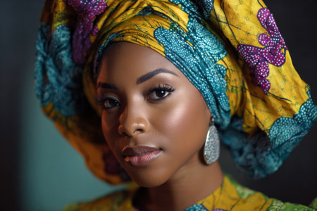 A young woman stands confidently, showing her vibrant headwrap adorned with intricate designs. Her serene expression highlights her beauty. Soft light accentuates her features.の素材